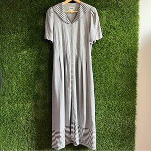 Vintage JBD Midi Dress Rayon Oversized Collar Stripes Shirtdress